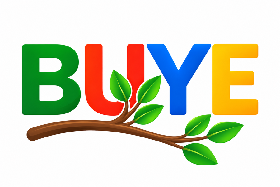 BUYE parent company logo — green, red, blue and yellow lettering on a leafy branch